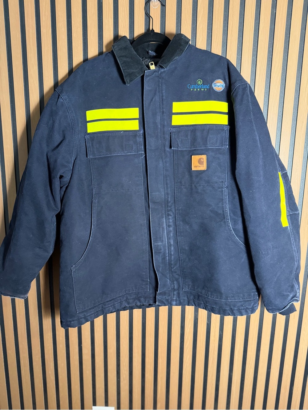 Carhartt Navy Work Puffer Jacket with High-Vis Yellow Accents size L